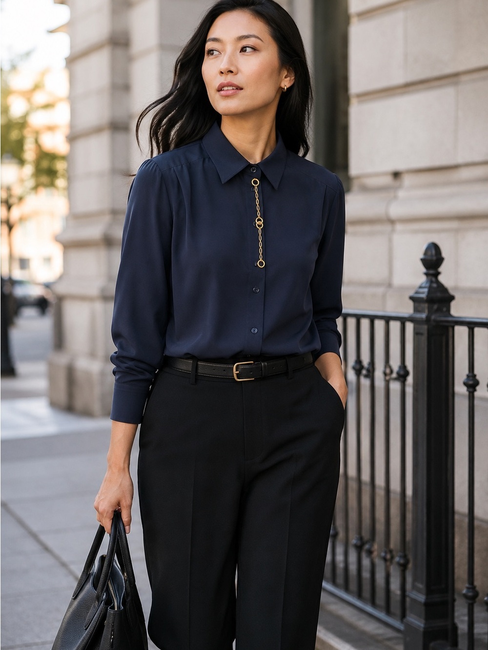 Lucia Navy Button Up Blouse Size 44 Gold Chain Detail Minimalist Chic